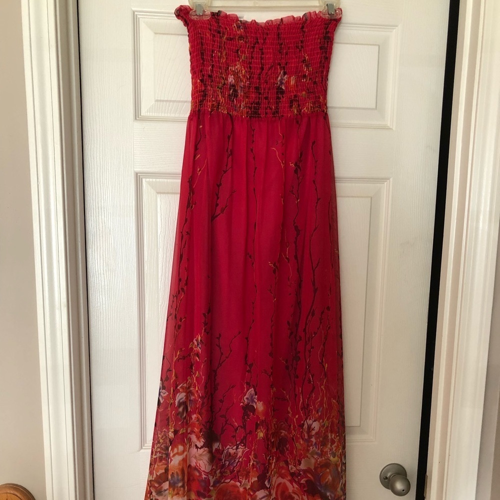 Floral pink strapless maxi dress